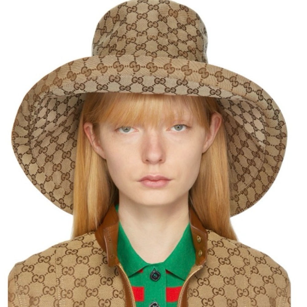 Gucci GG Monogram Bucket Hat Wide Large Brim Beige Stiff Canvas Sun Coverage
